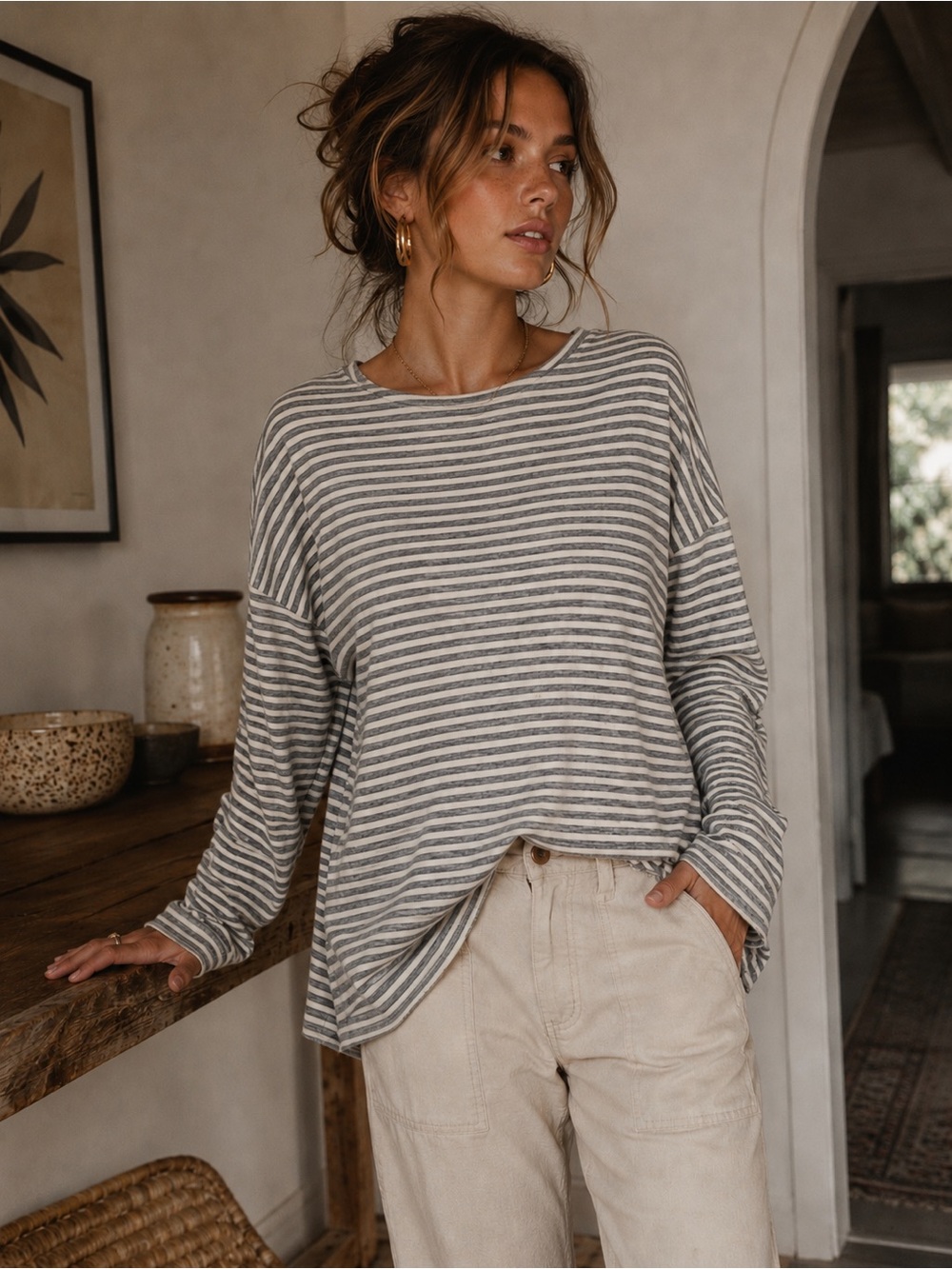 Lou & Grey Gray & White Striped Long-Sleeve Tee